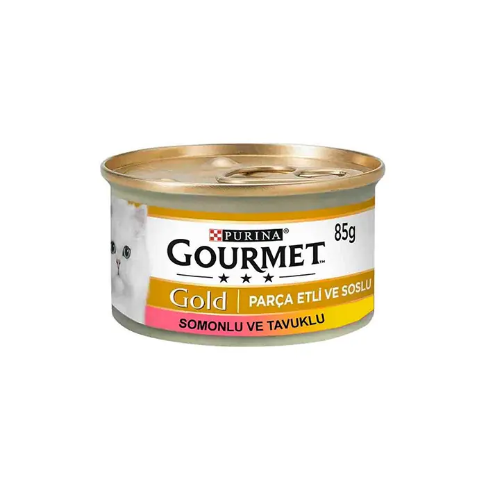 GOURMET GOLD PARÇA ETLİ SOSLU SOMONLU VE TAVUKLU KEDİ KONSERVESİ 85 GR