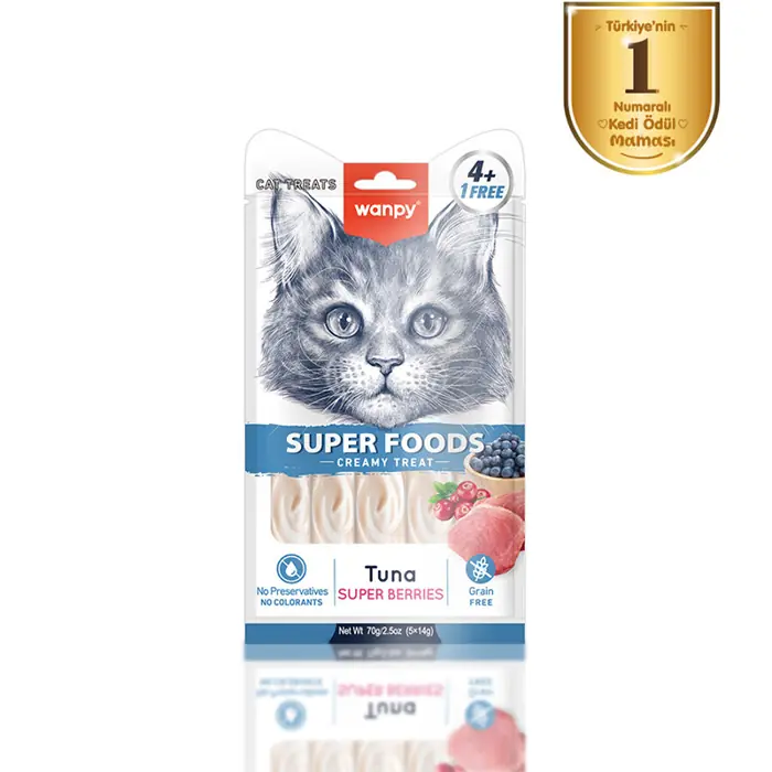 WANPY SUPERFOOD TON BALIKLI YABAN MERSİNLİ VE KIZILCIKLI KREMA KEDİ ÖDÜLÜ 5X14GR