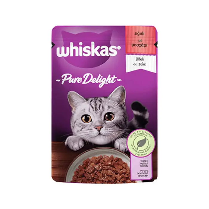 WHİSKAS POUCH PURE DELİGHT JÖLE İÇİNDE SIĞIR ETLİ YETİŞKİN KEDİ KONSERVESİ 85GR