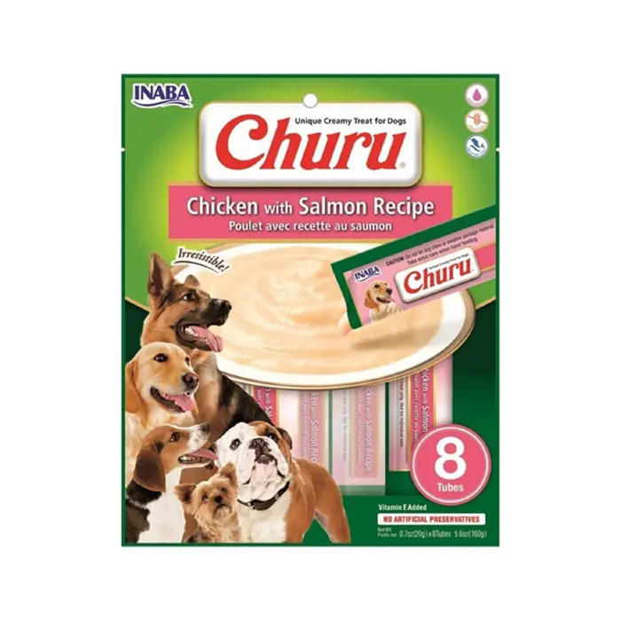 INABA CİAO CHURU SOMONLU VE TAVUKLU TAMAMLAYACI SIVI KÖPEK ÖDÜL MAMASI 8X20GR