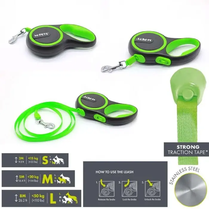 M-PETS LİBERTY OTOMATİK KÖPEK GEZDİRME KAYIŞI ŞERİT 5MT YEŞİL MEDİUM