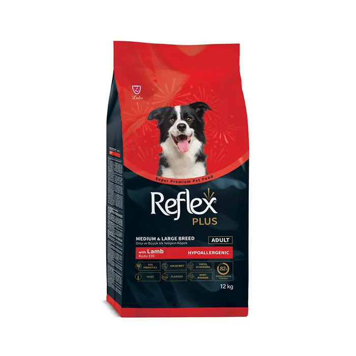 REFLEX PLUS KUZU ETLİ ORTA VE BÜYÜK IRK YETİŞKİN KÖPEK MAMASI 12KG