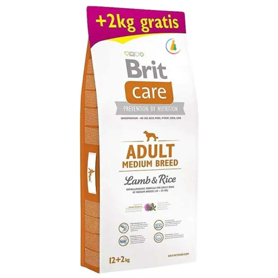 BRİT CARE HYPO-ALLERGENİC KUZULU VE PİRİNÇLİ ORTA IRK YETİŞKİN KÖPEK MAMASI 12KG + 2KG HEDİYE!