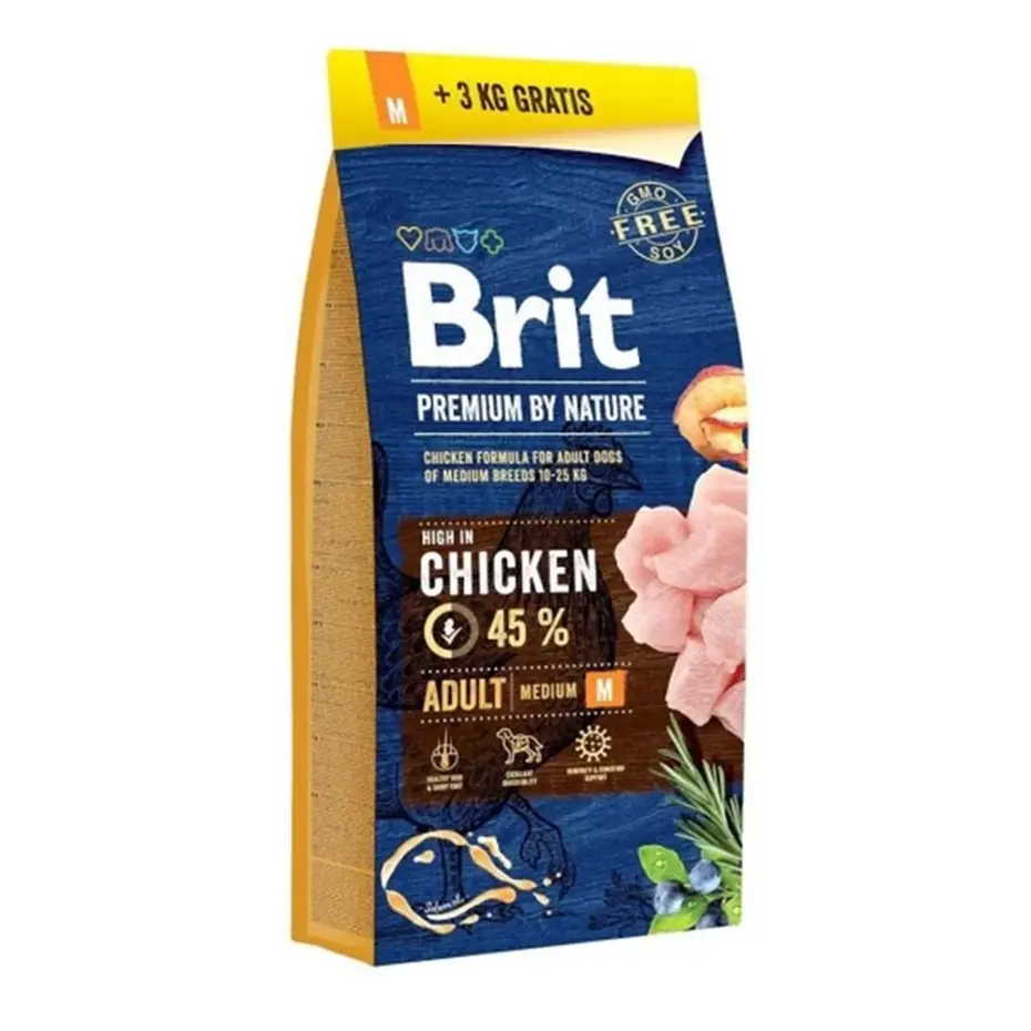 BRİT PREMİUM NATURE TAVUKLU ORTA IRK YETİŞKİN KÖPEK MAMASI 15KG + 3KG HEDİYE!