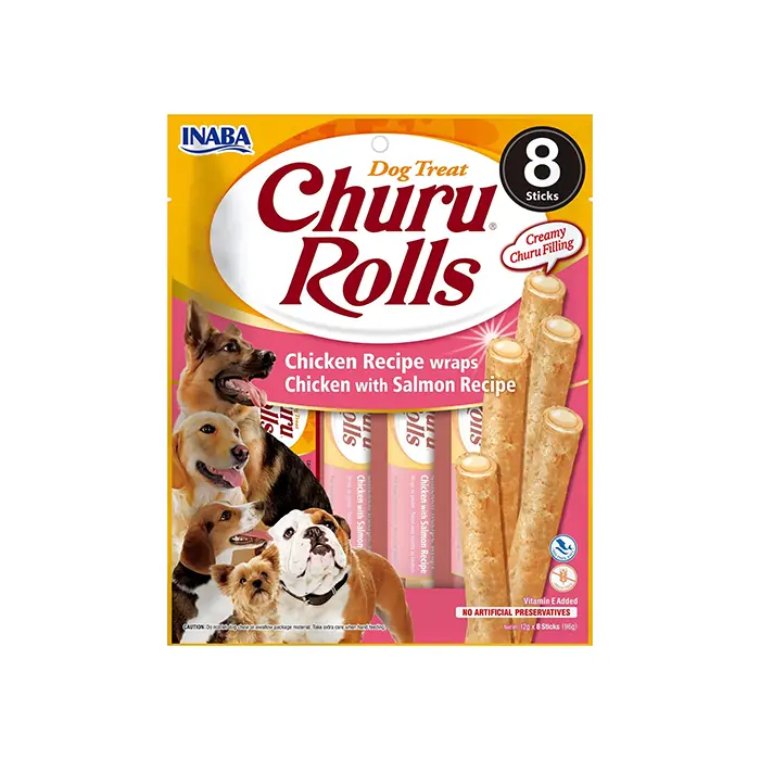 CHURU ROLLS STİCKS TAVUK SARGILI VE SOMONLU KÖPEK ÖDÜL MAMASI 8X12GR