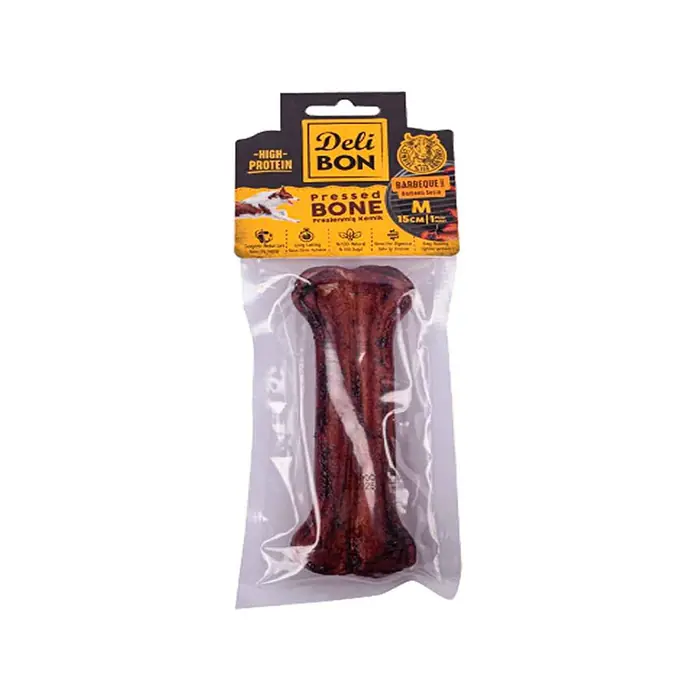 DELİBON BARBEKÜ AROMALI DERİ PRES KEMİK KÖPEK ÖDÜLÜ MEDİUM 15CM
