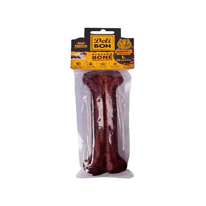 DELİBON BARBEKÜ AROMALI DERİ PRES KEMİK KÖPEK ÖDÜLÜ MEDİUM 22CM