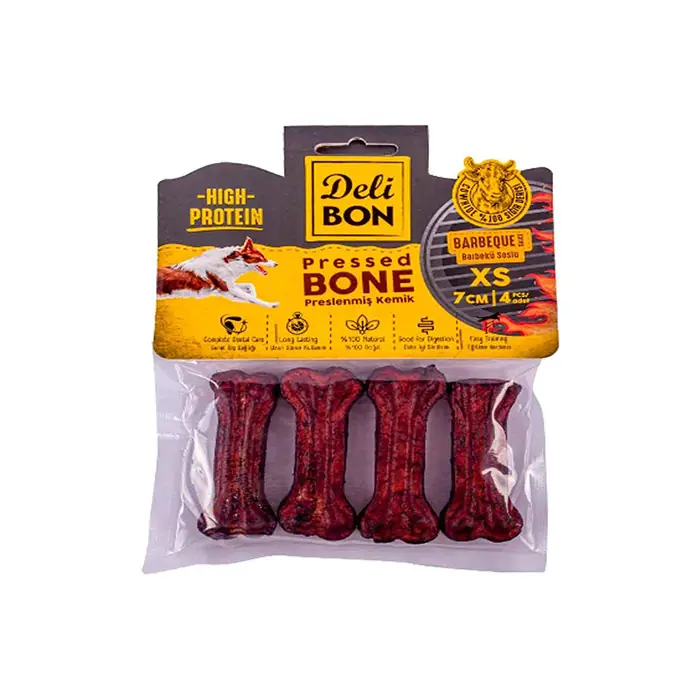 DELİBON BARBEKÜ AROMALI DERİ PRES KEMİK KÖPEK ÖDÜLÜ XSMALL 7CM 4 ADET
