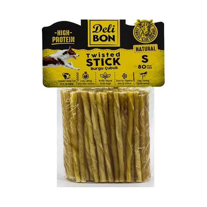 DELİBON DERİ NATUREL BURGU ÇUBUK İNCE BOY KÖPEK ÖDÜL KEMİĞİ 80'Lİ
