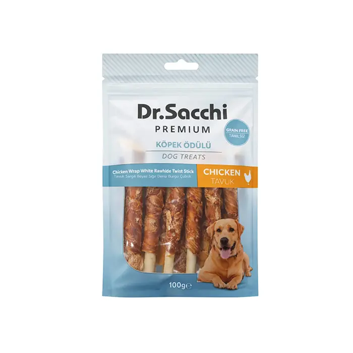 DR.SACCHİ PREMİUM TAVUK SARGILI BEYAZ SIĞIR DERİLİ BURGU ÇUBUK TAHILSIZ KÖPEK ÖDÜLÜ 10LU 100 GR
