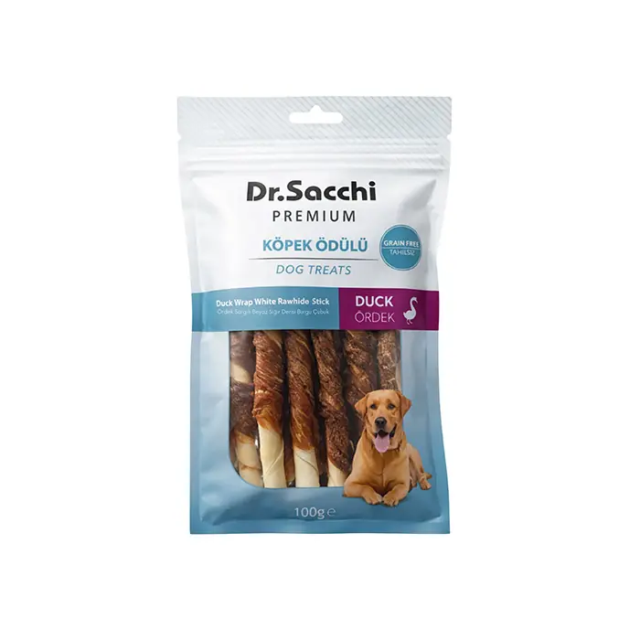 DR.SACCHİ PREMİUM ÖRDEK SARGILI BEYAZ SIĞIR DERİSİ BURGU ÇUBUK TAHILSIZ KÖPEK ÖDÜLÜ 10LU 100 GR