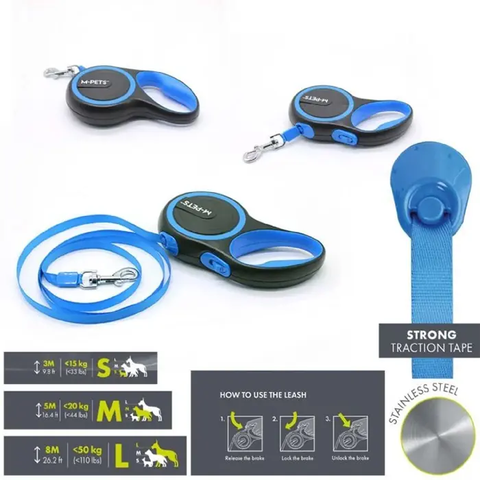 M-PETS LİBERTY OTOMATİK KÖPEK GEZDİRME KAYIŞI ŞERİT 3MT MAVİ SMALL