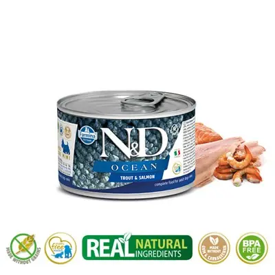 N&D OCEAN ALABALIK VE SOMON BALIKLI YETİŞKİN KÖPEK KONSERVESİ 140G