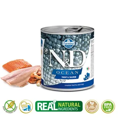 N&D OCEAN ALABALIK VE SOMON BALIKLI YETİŞKİN KÖPEK KONSERVESİ 285G