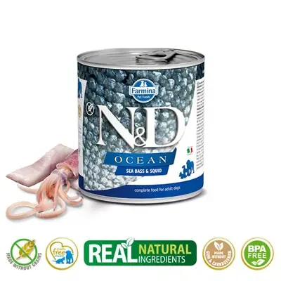 N&D OCEAN LEVREK VE MÜREKKEP BALIKLI YETİŞKİN KÖPEK KONSERVESİ 285G