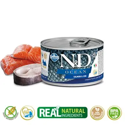 N&D OCEAN SOMON VE MORİNA BALIKLI YETİŞKİN KÖPEK KONSERVESİ 140G