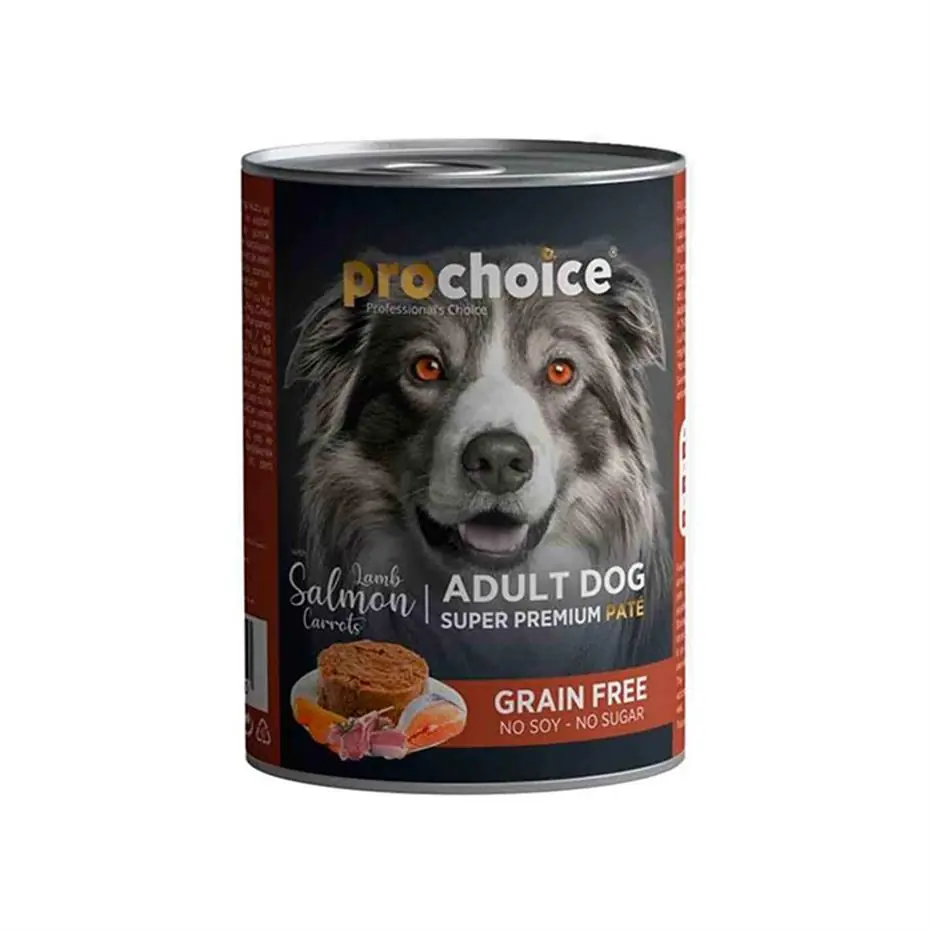 PRO CHOİCE KUZU VE SOMON ETLİ HAVUÇLU ŞEKERSİZ EZME YETİŞKİN KÖPEK KONSERVESİ 400GR