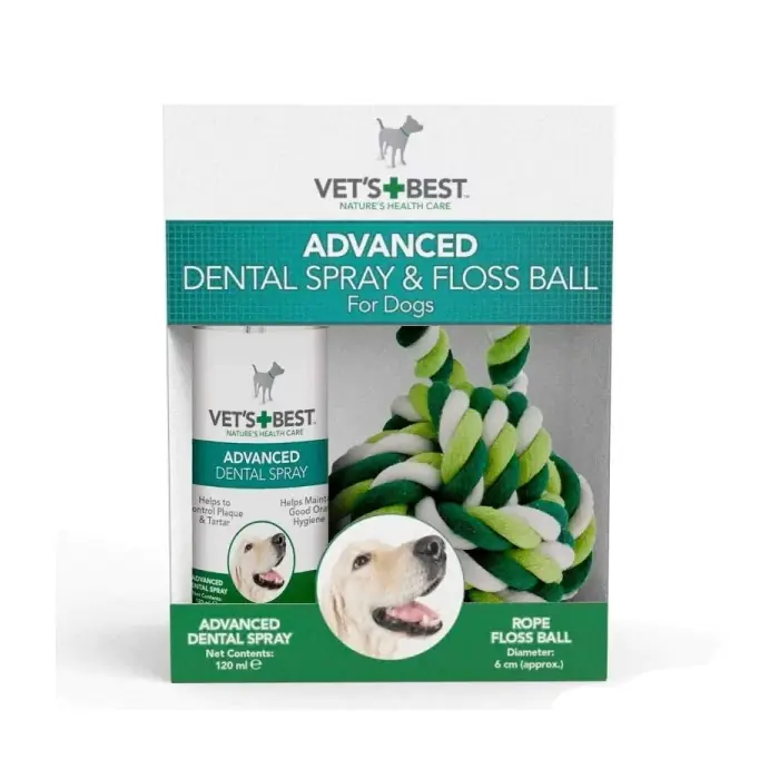 VET'S BEST KÖPEK AĞIZ VE DİŞ BAKIM SPREYİ 120ML VE DİŞ TEMİZLEYİCİ HALAT TOP 16CM (2'Lİ SET)