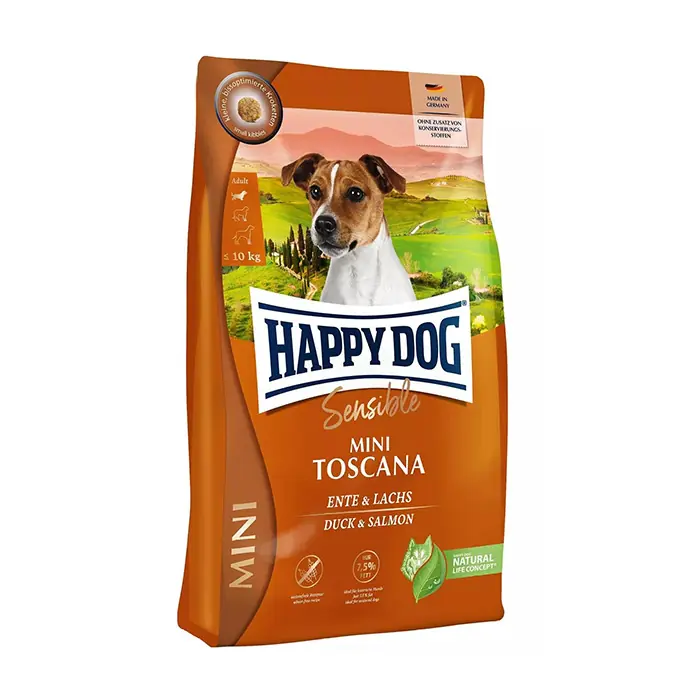 HAPPY DOG MİNİ TOSCANA ÖRDEKLİ SOMONLU KISIRLAŞTIRILMIŞ KÜÇÜK IRK KÖPEK MAMASI 4 KG