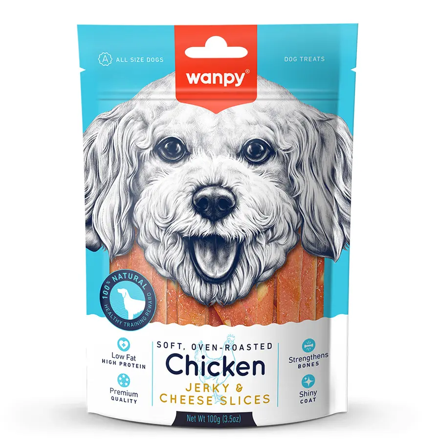 WANPY TAVUKLU VE PEYNİRLİ DİLİMLENMİŞ YUMUŞAK KÖPEK ÖDÜLÜ 100GR